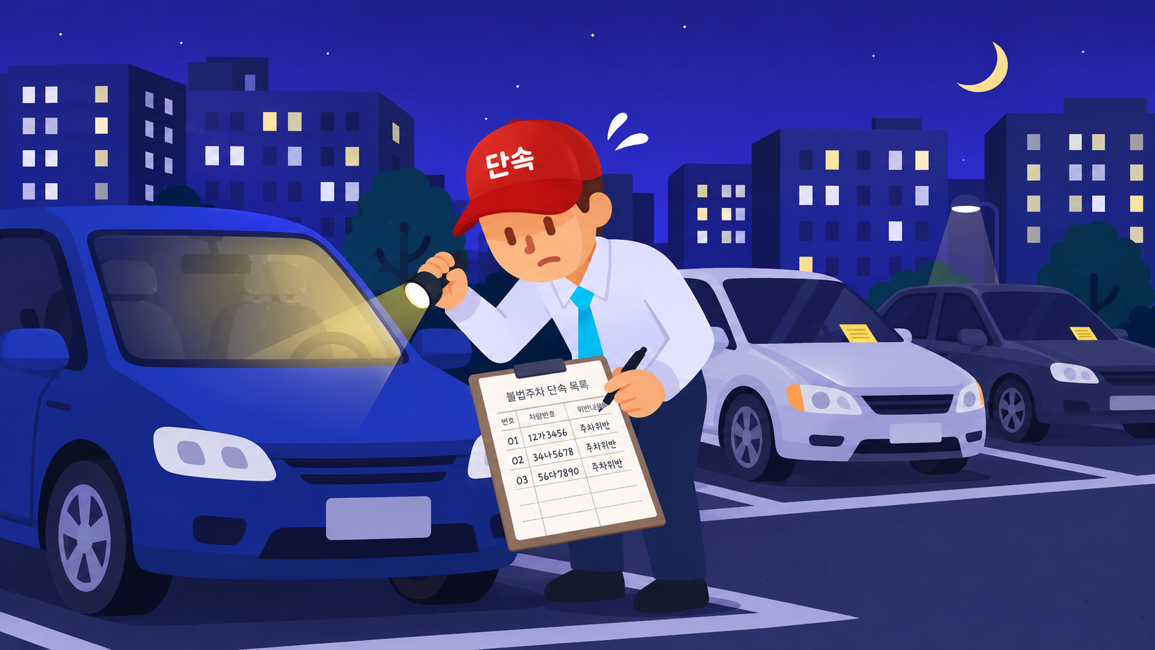단속요원이 밤에 종이 명단으로 일일이 차량을 단속하는 모습