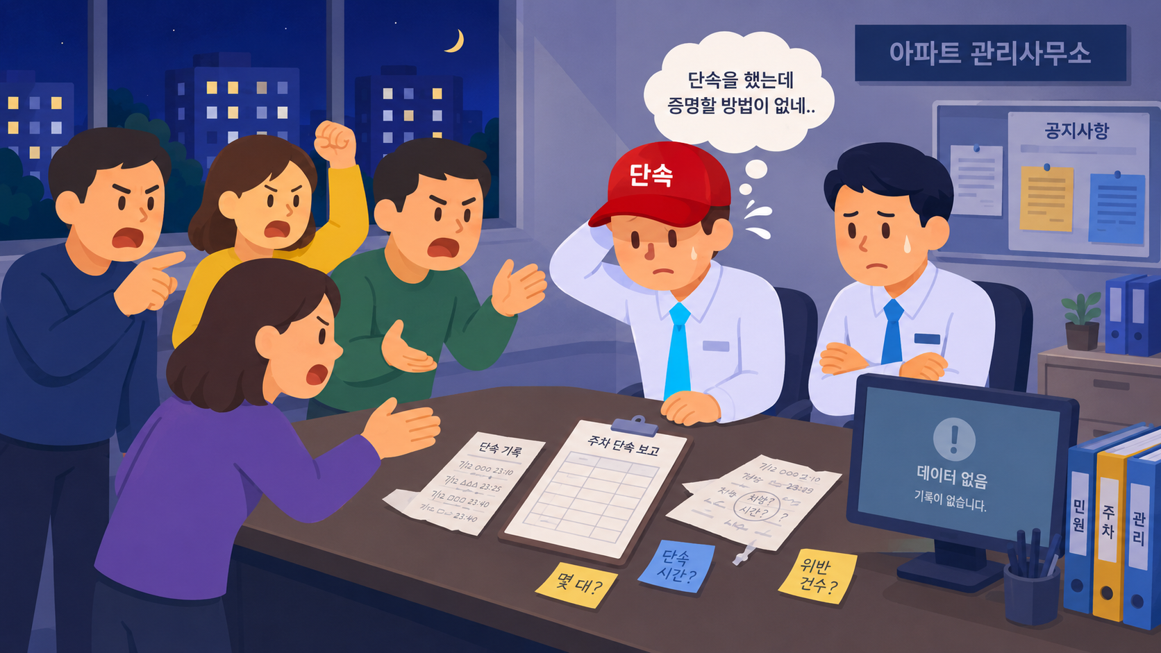 관리사무소 앞에서 항의하는 입주민들 — 단속 결과를 증명할 방법이 없어 갈등이 발생하는 모습
